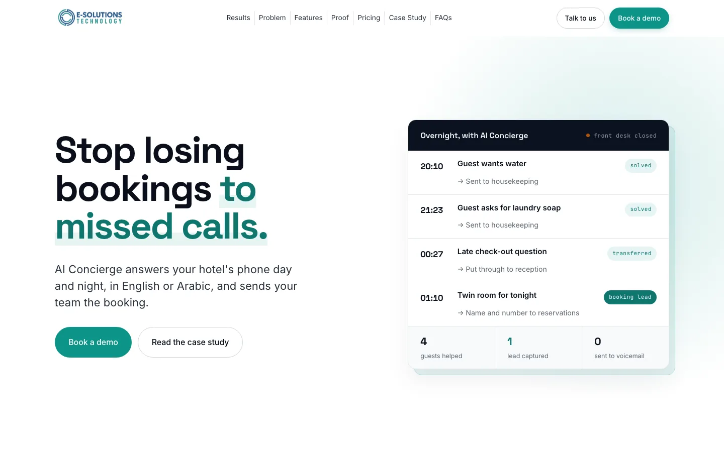 E-Solutions Technology's website: its AI Concierge handling a hotel's calls overnight